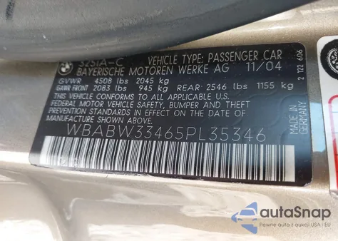 2005 BMW 325Ci из США, поврежденный, VIN WBABW33465PL35346